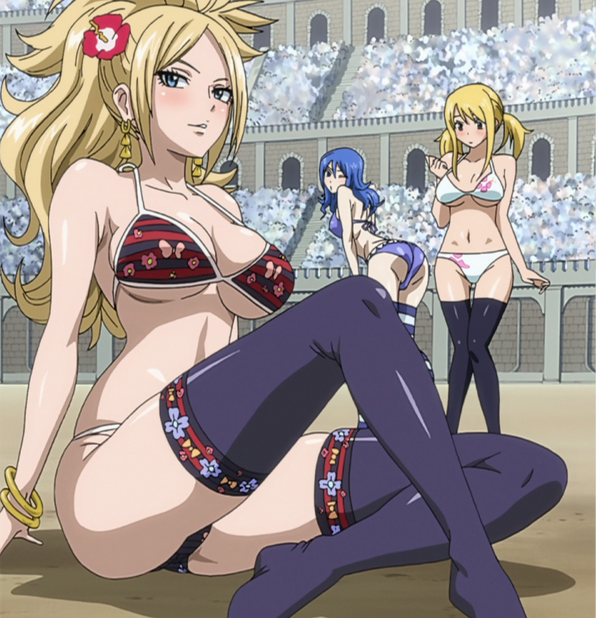 ass audience bare_shoulders bent_over bikini black_legwear blonde_hair blue_eyes blue_hair blush bracelet breasts brown cleavage earrings eyes fairy_tail feet flower gold hair_flower hair_ornament highres jenny_realight jewelry juvia_loxar knees_together_feet_apart large_breasts long_hair lucy_heartfilia multiple_girls necklace no_shoes screencap sitting smile solo stadium standing stitched striped striped_legwear swimsuit tattoo thigh_gap thighhighs twintails underboob