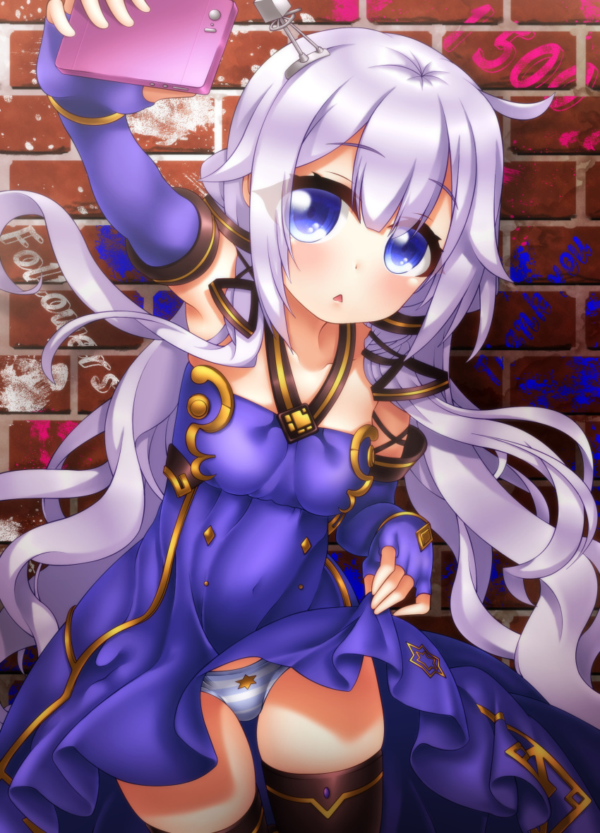 :< absurdres against_wall ahoge azur_lane bare_shoulders black_ribbon black_thighhighs blue_dress breasts brick_wall cellphone center-flap_bangs clothes_lift collarbone commentary_request cosplay cowboy_shot derivative_work dress dress_lift elbow_gloves female fingerless_gloves gloves grey_hair hair_between_eyes hair_ornament hair_ribbon halter_dress halterneck head_tilt highres holding holding_phone lifting_own_clothes long_hair looking_at_viewer milestone_celebration official_alternate_costume oooqqq outstretched_arm panties parted_lips phone purple_dress purple_gloves ribbon selfie small_breasts smartphone solo star_(symbol) striped_clothes striped_panties thank_you thighhighs tress_ribbon triangle_mouth underwear unicorn_(azur_lane) unicorn_(little_star_songstress)_(azur_lane) very_long_hair vocaloid xingchen xingchen_(cosplay)