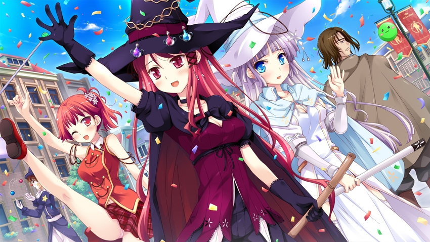 3girls blue_eyes cape game_cg hat hinomiya_ayari konno_koharu ko~cha long_hair multiple_girls red_eyes red_hair very_long_hair wink witch's_garden witch_hat yukimura_suzuno