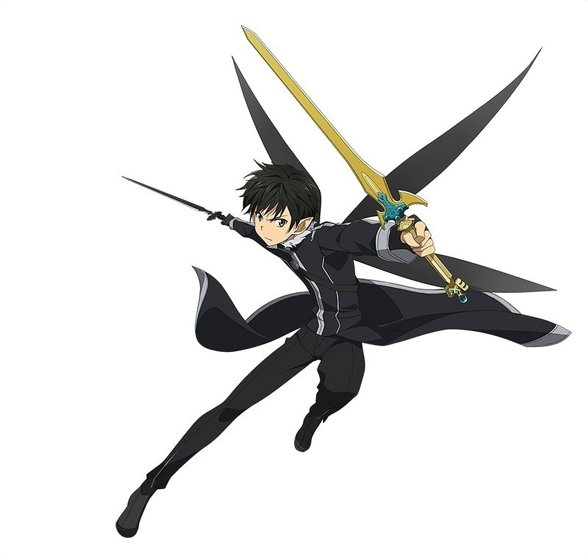 1boy asymmetrical_dual_wielding black_eyes black_hair black_wings dual_wielding fairy fairy_wings full_body highres holding holding_sword holding_weapon holy_sword_excalibur kirito kirito_(sao-alo) long_sword_(sao) male_focus multiple_wings official_art pointy_ears simple_background solo sword sword_art_online sword_art_online:_code_register transparent_wings weapon white_background wings