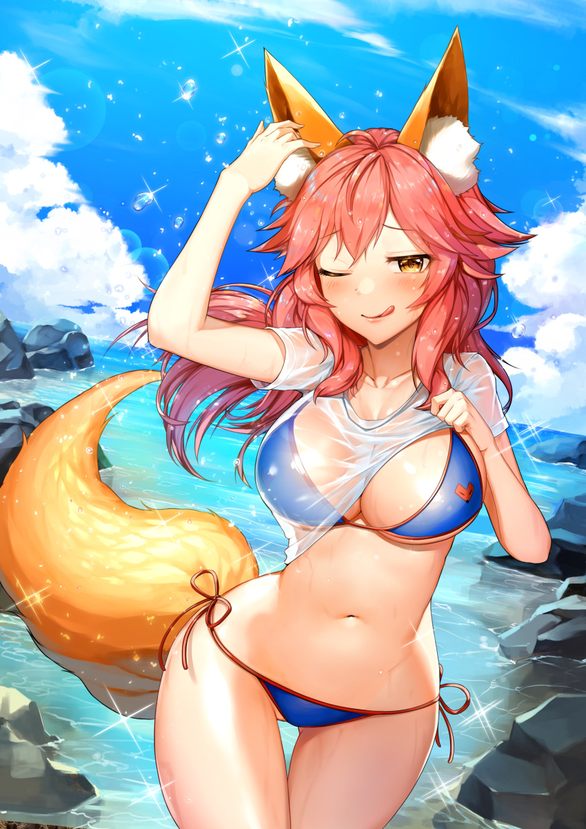 absurdres animal_ears ass_visible_through_thighs bad_id bad_pixiv_id beach bikini blue_bikini breasts cleavage closed_mouth clothes_lift collarbone commentary_request cowboy_shot day fate/grand_order fate_(series) female highres jai_(whany1998) large_breasts lifting_own_clothes long_hair looking_at_viewer messy_hair one_eye_closed orange_eyes outdoors photoshop_(medium) pink_hair see-through shirt shirt_lift short_sleeves side-tie_bikini_bottom skindentation smile solo sparkle splashing swimsuit tail tamamo_(fate) tamamo_no_mae_(swimsuit_lancer)_(fate) tamamo_no_mae_(swimsuit_lancer)_(second_ascension)_(fate) tongue tongue_out water wet wet_clothes wet_shirt white_shirt wide_hips