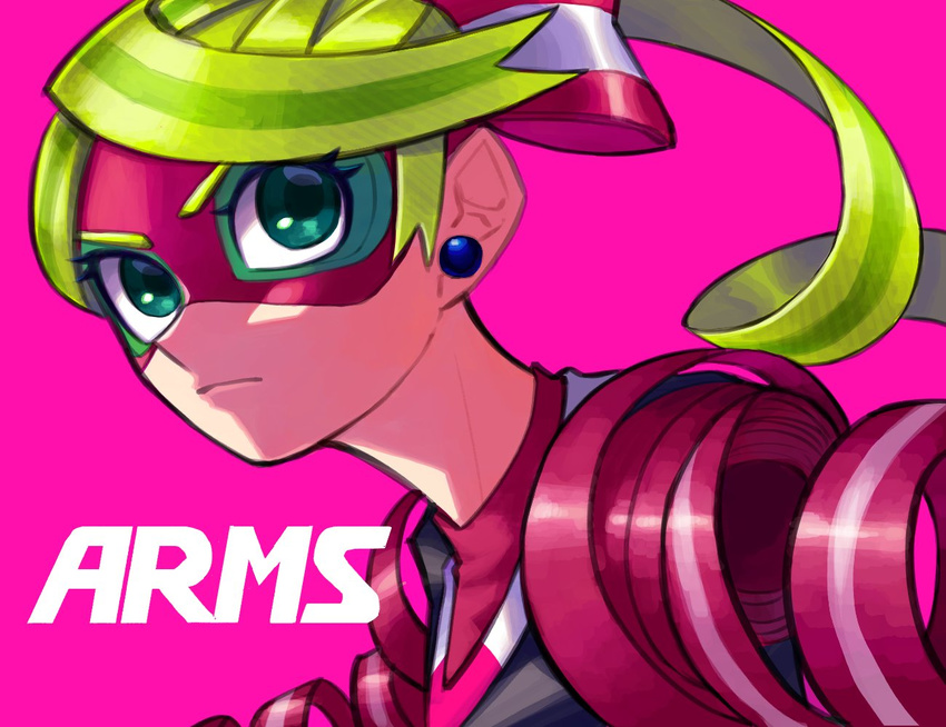 arms_(game) blonde_hair close-up closed_mouth commentary_request copyright_name domino_mask earrings female green_eyes hair_ribbon jewelry mask masshi pink_background protected_link ribbon ribbon_girl_(arms) ribbon_hair serious simple_background