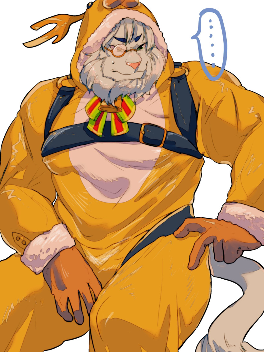 ... 1boy animal_ears animal_hood bara brown_gloves commentary_request furry furry_male gloves harness highres hood hood_up lion_boy lion_ears lion_mane lion_tail male_focus monocle onesie reindeer_hood shiratori_yokikana snow_(housamo) speech_bubble spoken_ellipsis sweatdrop tail tokyo_afterschool_summoners white_background