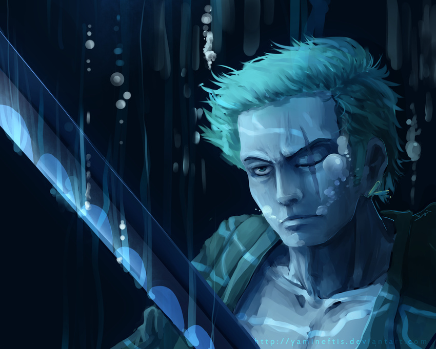 1boy air_bubble bubble commentary earrings english_commentary green_eyes green_hair jewelry katana male_focus one-eyed one_piece roronoa_zoro scar signature solo sword underwater watermark weapon web_address yamineftis