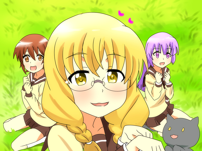 commentary_request feline glasses hayama_teru karuta_(karuta01) manga_time_kirara nishikawa_youko odagiri_futaba purple_eyes purple_hair sansha_san'you school_uniform