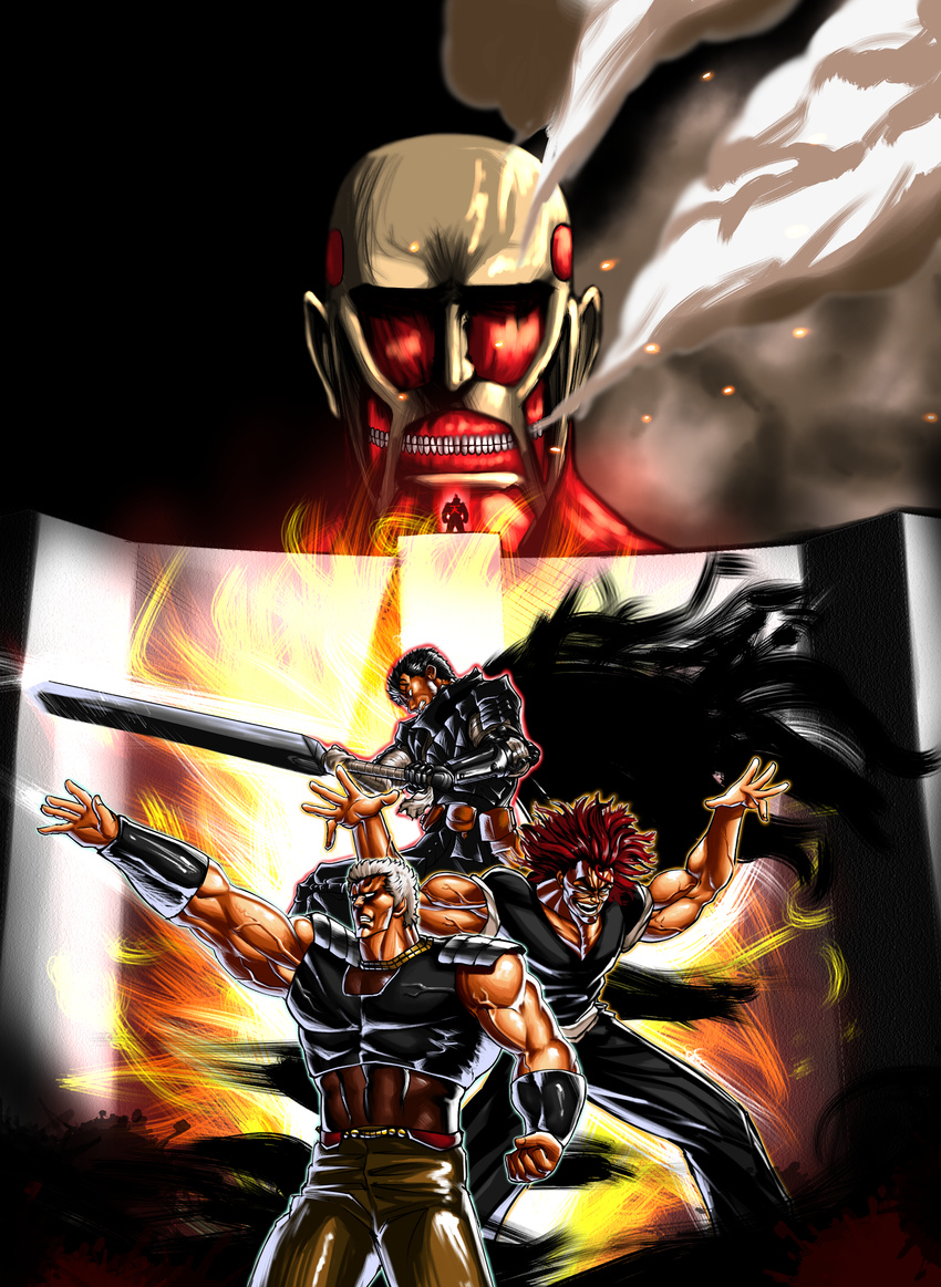 4boys absurdres akuma_(street_fighter) armor berserk black_hair bracer capelet colossal_titan commentary crossover demon_back_(baki) fire full_armor grappler_baki guts_(berserk) hanma_yujiro highres hokuto_no_ken ikami_(rockhardridefree) multiple_boys muscular protected_link raoh_(hokuto_no_ken) red_hair shingeki_no_kyojin short_hair shun_goku_satsu smoke street_fighter sword titan_(shingeki_no_kyojin) veins wall wavy_hair weapon white_hair