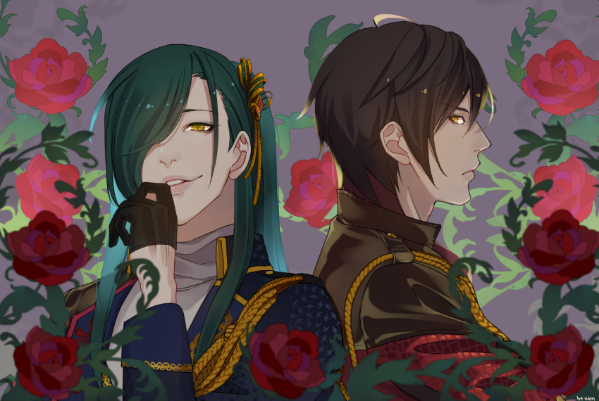 2boys alternate_costume artist_name black_gloves closed_mouth commentary_request dark-skinned_male dark_skin flower gloves green_hair high_ponytail idol idol_clothes lips looking_at_viewer male_focus multiple_boys musical_touken_ranbu nikkari_aoe ookurikara parted_lips samurai10932 smile touken_ranbu upper_body yellow_eyes