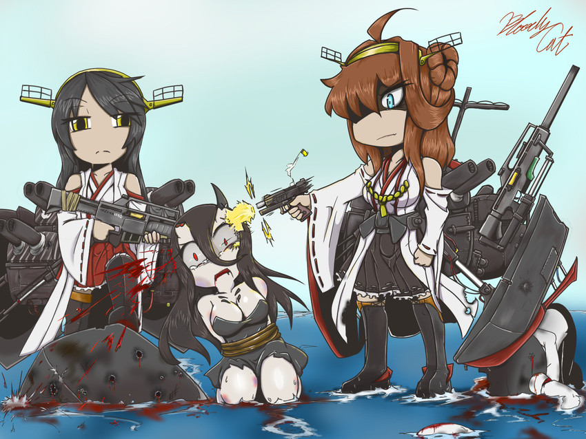 ahoge bare_shoulders battleship_princess blood bloodycat boots broken_horn bullet_hole chibi commentary death detached_sleeves double_bun execution gun hair_bun hairband haruna_(kancolle) haruna_kai_ni_(kancolle) headgear headshot highres horns japanese_clothes kantai_collection kongou_(kancolle) kongou_kai_ni_(kancolle) long_hair multiple_girls nontraditional_miko ribbon-trimmed_sleeves ribbon_trim rifle ryona shell_casing thigh_boots thighhighs weapon wo-class_aircraft_carrier