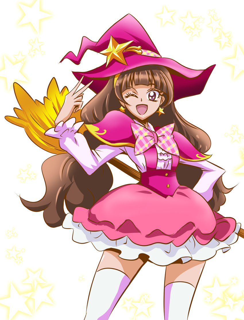 ;d absurdres amanogawa_kirara arudebido bad_hands bow broom brown_hair commentary_request cosplay cowboy_shot earrings female go!_princess_precure hat highres in-franchise_crossover jewelry long_hair looking_at_viewer magic_school_uniform mahou_girls_precure! one_eye_closed open_mouth pink_hat pink_skirt plaid plaid_bow precure purple_eyes school_uniform skirt smile solo standing star_(symbol) star_earrings thighhighs twintails white_thighhighs witch_hat