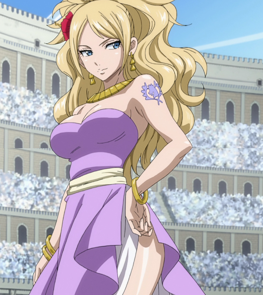 bare_shoulders blonde_hair blue_eyes breasts cleavage earrings fairy_tail female flower gold hair_flower hair_ornament highres jenny_realight jewelry large_breasts long_hair necklace screencap smile solo standing stitched tattoo