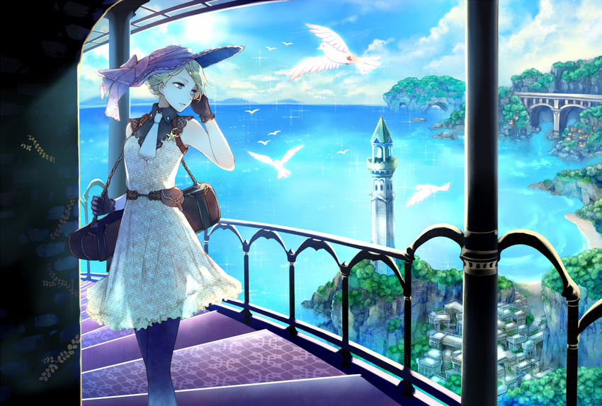 animal bird black_gloves black_pantyhose blonde_hair blue_eyes commentary_request dove dress female gloves hat kuroyuki original outdoors pantyhose short_hair solo sun_hat tower