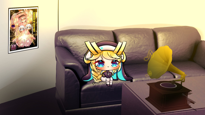 arms_up blue_eyes blush casting_couch censored chibi chokilicious couch female goddess_of_victory:_nikke highres long_hair musical_note nun own_hands_together phonograph poster_(object) rapunzel_(nikke) speaker