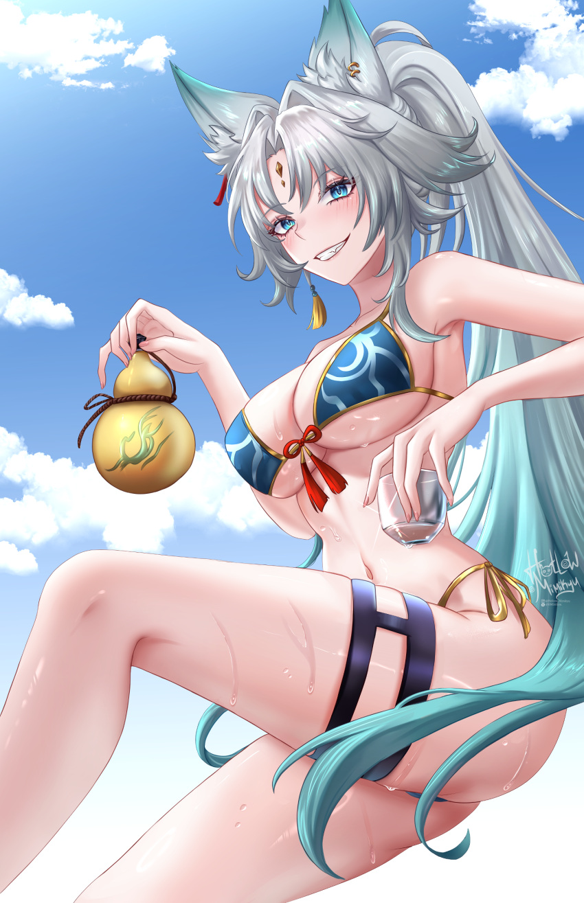 alternate_costume animal_ear_fluff animal_ears aqua_eyes aqua_hair aqua_panties armpits bikini blue_bikini blue_sky blush breasts cleavage cloud commentary commentary_typo cup day english_commentary feet_out_of_frame feixiao_(honkai:_star_rail) female fingernails forehead_jewel fox_ears fox_girl grey_hair grin highres holding holding_cup hollow_mimikyu honkai:_star_rail honkai_(series) invisible_chair large_breasts long_hair looking_at_viewer multicolored_hair navel outdoors panties parted_bangs sideboob signature sitting sky smile solo stomach swimsuit thigh_strap thighs underboob underwear very_long_hair wet