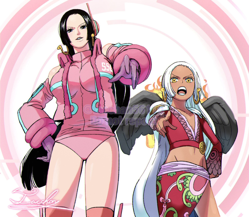 2girls artist_name black_eyes black_hair black_wings boa_hancock boa_hancock_(cosplay) breasts collarbone cosplay cowboy_shot cropped_jacket dark-skinned_female dark_skin earrings feathered_wings fire highres jacket jewelry large_breasts leotard long_hair multiple_girls one_piece open_clothes open_jacket pink_jacket pink_leotard pointing pointing_at_viewer red_sarong s-snake sarong signature small_breasts snake_earrings star-shaped_pupils star_(symbol) symbol-shaped_pupils tacchan56110 vegasuit white_hair wings yellow_eyes