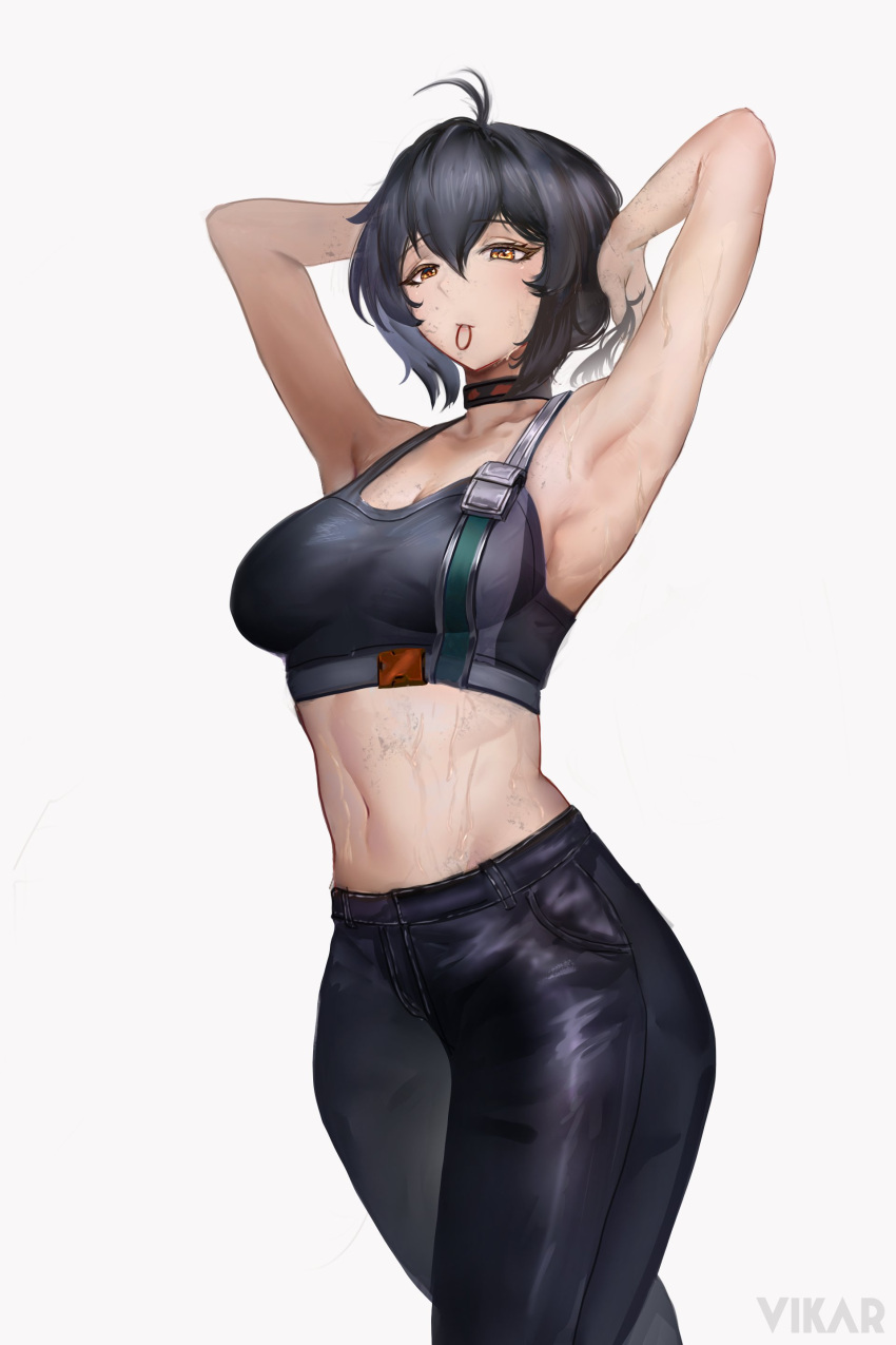 absurdres ahoge armpits arms_up artist_name black_choker black_hair black_pants black_sports_bra choker closed_mouth commentary cowboy_shot english_commentary female grace_howard hair_between_eyes hair_tie_in_mouth highres long_bangs looking_at_viewer midriff mouth_hold navel pants short_hair simple_background solo sports_bra sweat tying_hair vikar walking white_background yellow_eyes zenless_zone_zero