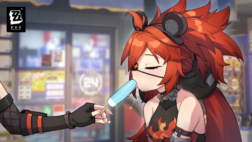 2girls animal_ears black_gloves blurry blurry_background breasts closed_eyes commentary copyright_name eyepatch fake_animal_ears fingerless_gloves food gloves grace_howard hellk111 highres holding holding_food holding_popsicle koleda_belobog licking long_hair low_twintails multiple_girls open_mouth popsicle red_hair sexually_suggestive tongue tongue_out twintails zenless_zone_zero