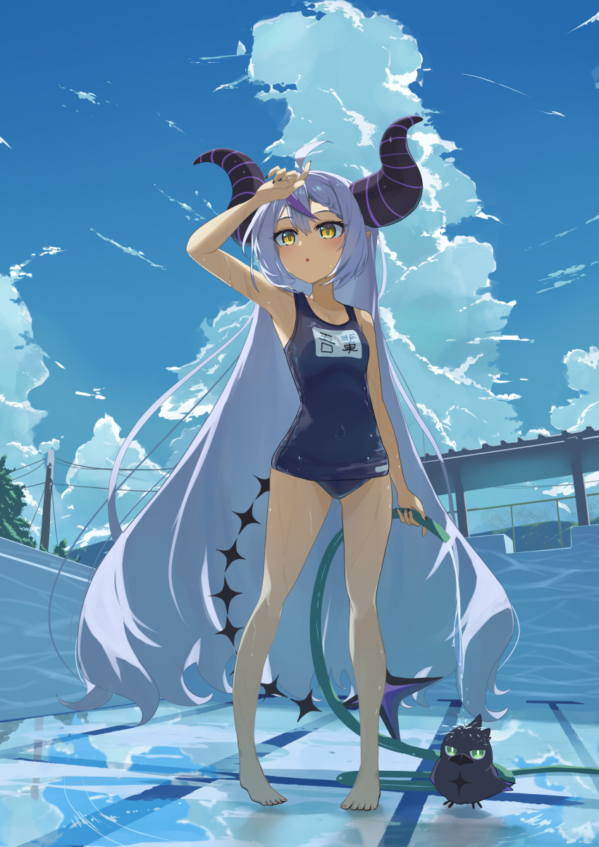 absurdres barefoot black_horns crow_(la+_darknesss) demon_girl demon_horns female grey_hair hair_between_eyes hair_wings highres hololive horns la+_darknesss long_(haruki-7) long_hair multicolored_hair old_school_swimsuit one-piece_swimsuit open_mouth pointy_ears pool purple_hair purple_horns school_swimsuit sky solo streaked_hair striped_horns swimsuit very_long_hair virtual_youtuber water yellow_eyes