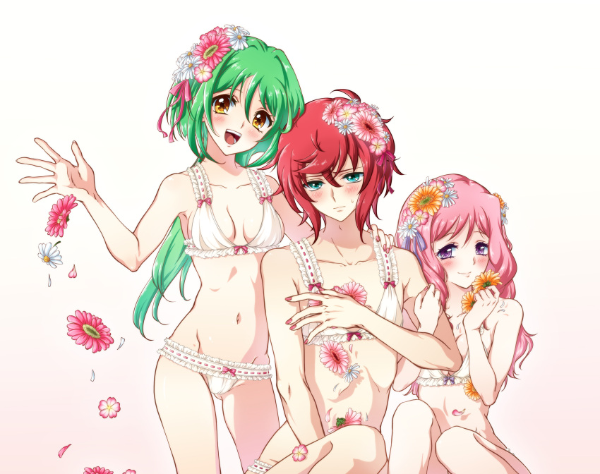 1boy 2girls :d absurdres anjou_tokoha bare_arms bare_legs blush bow bra breasts cardfight!!_vanguard cardfight!!_vanguard_g cleavage closed_mouth collarbone covering_breasts covering_privates green_eyes green_hair groin hair_between_eyes hair_ribbon hairbow highres long_hair multiple_girls navel okazaki_kumi panties pink_bow pink_hair pink_ribbon purple_eyes red_hair ribbon saeka shindou_chrono short_hair simple_background small_breasts smile underwear underwear_only very_long_hair white_background white_bow white_bra white_panties yellow_bow yellow_eyes