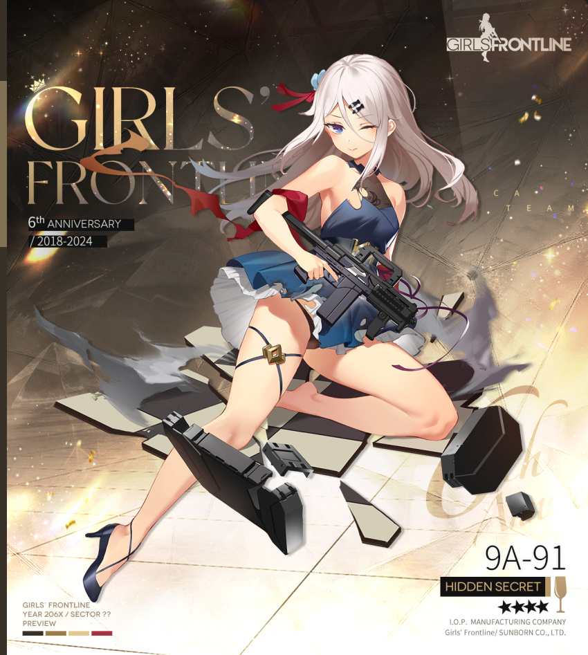 9a-91 9a-91_(girls'_frontline) 9a-91_(hidden_secret)_(girls'_frontline) anniversary armpits belt black_belt black_footwear blue_dress blue_eyes breasts broken_tile character_name checkered_floor closed_mouth commentary company_name copyright_name dress english_commentary fangdan_runiu female fish_hair_ornament flower full_body girls'_frontline gun hair_between_eyes hair_flower hair_ornament hair_ribbon hairclip high_heels highres holding holding_gun holding_weapon knee_up long_hair looking_at_viewer medium_breasts no_socks official_alternate_costume official_art one_eye_closed promotional_art red_ribbon red_shawl ribbon second-party_source shawl shoes sidelocks single_barefoot single_shoe sleeveless sleeveless_dress smoke solo star_(symbol) thigh_strap tile_floor tiles torn_clothes torn_dress trigger_discipline weapon weapon_case white_hair