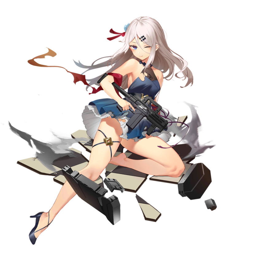 9a-91 9a-91_(girls'_frontline) 9a-91_(hidden_secret)_(girls'_frontline) armpits belt black_belt black_footwear blue_dress blue_eyes breasts broken_tile checkered_floor closed_mouth dress fangdan_runiu female fish_hair_ornament flower full_body girls'_frontline gun hair_between_eyes hair_flower hair_ornament hair_ribbon hairclip high_heels highres holding holding_gun holding_weapon knee_up long_hair looking_at_viewer medium_breasts no_socks official_alternate_costume official_art one_eye_closed red_ribbon red_shawl ribbon shawl shoes sidelocks simple_background single_barefoot single_shoe sleeveless sleeveless_dress smoke solo thigh_strap third-party_source tile_floor tiles torn_clothes torn_dress transparent_background trigger_discipline weapon weapon_case white_hair