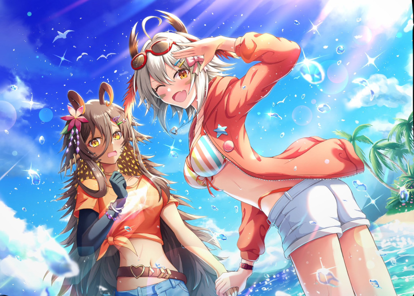 2girls :d ahoge beach belt bikini blue_sky blush breasts brown_hair cloud dark-skinned_female dark_skin denim denim_shorts duel_monster grey_hair hair_ornament highres holding_hands jacket midriff multiple_girls navel ocean one_eye_closed open_mouth orange_jacket orange_shirt palm_tree shirt short_shorts shorts sky smile striped_bikini striped_clothes swimsuit tied_shirt traptrix_holeutea traptrix_myrmeleo tree unisenpai vertical-striped_bikini vertical-striped_clothes watch water_drop wristwatch yellow_eyes yu-gi-oh!