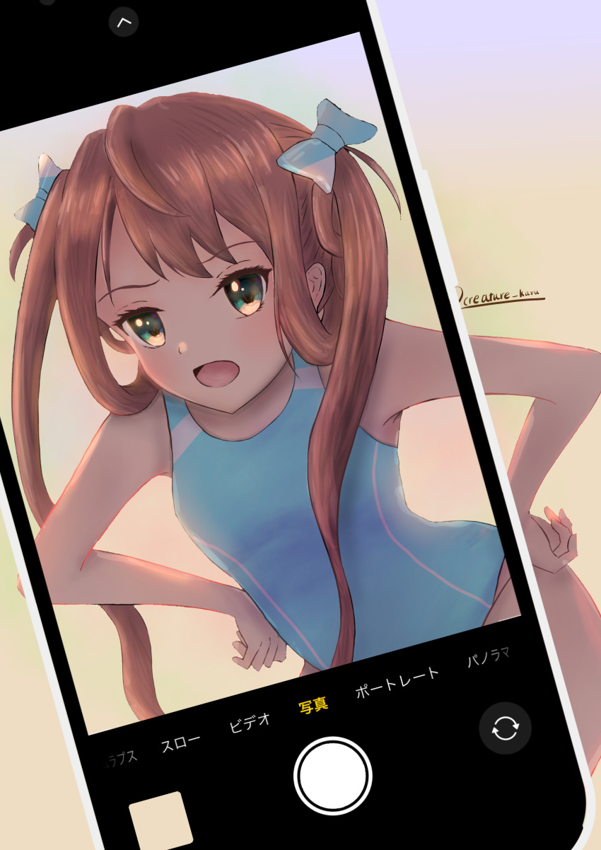 absurdres asagumo_(kancolle) beach blush brown_hair camera_phone cellphone cellphone_photo competition_swimsuit female hair_ribbon highres holding holding_phone juxtaposition kantai_collection long_hair nekojita_kavu one-piece_swimsuit open_mouth phone ribbon smartphone smile swimsuit taking_picture twintails