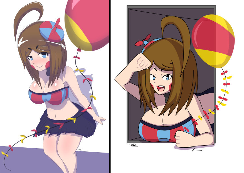 1girls ahoge balloon_babe_(fnia) balloon_boy_(fnaf) big_breasts blue_eyes brown_hair clothing female five_nights_at_freddy's five_nights_in_anime robot tagme thisisdjlc