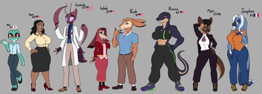 3_fingers 4_arms abaasa_(wayesh) abs absurd_res aeni_(wayesh) aishah_(wayesh) american_flag amphibian antennae_(anatomy) anthro arthropod athletic athletic_anthro athletic_male avian beak big_breasts bird black_body black_hair blue_body blue_eyes blue_feathers bottomwear bra breasts brown_body brown_fur brown_skin business_suit clothed clothed_anthro clothed_female clothed_male clothing coat common_gull crucifix denim denim_bottomwear denim_clothing diamond_pupils dress dress_pants dress_shirt dress_shoes exoskeleton facial_hair feathers female fingers firash_(wayesh) flag footwear french_flag frog fur ghost_mantis goatee green_body green_eyes green_skin group gull hair hare headgear headwear hi_res high_heels hijab human hyena insects isabella_(wayesh) japanese_flag jeans josephine_(wayesh) khakis lab_coat lagomorph lari larid leporid lizard malaysian_flag male mammal mandibles mantis mature_female mature_human mei_(wayesh) midriff monitor_lizard mpho_(wayesh) multi_arm multi_limb multicolored_body multicolored_fur muscular muscular_anthro muscular_female necktie orange_eyes pants pencil_skirt pink_sclera polo_shirt pupils purple_body purple_exoskeleton red_body red_eyes red_fur red_sclera religious_clothing religious_headwear reptile scalie sharp_teeth shirt shoes skirt slim_anthro slim_female sneakers south_african_flag sports_bra spotted_hyena square_pupils stated_age suit tan_body tan_fur teeth topwear two_tone_body two_tone_fur underwear united_states_of_america wayesh white_body white_feathers white_pupils workout_clothing yellow_eyes