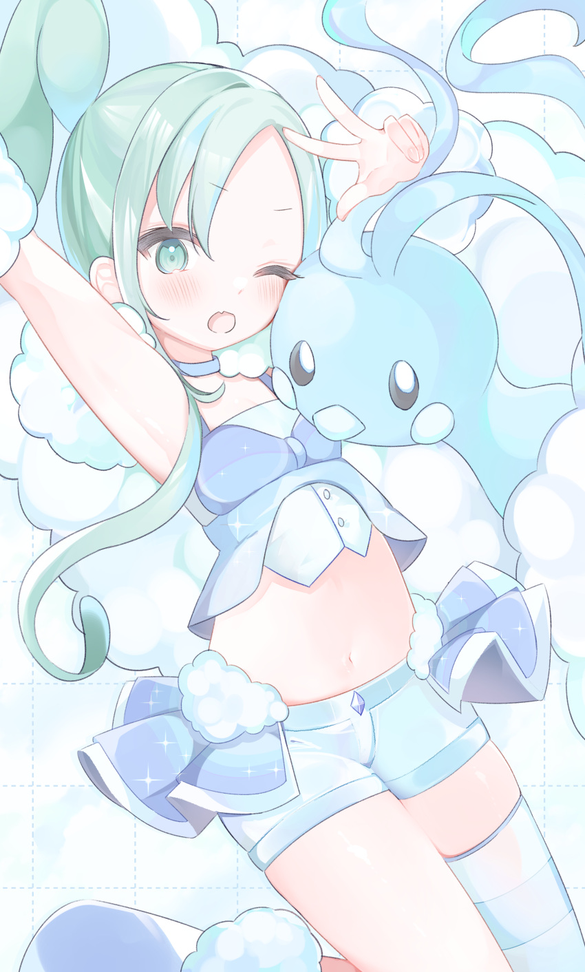 ;o absurdres altaria amatsuka_yakumo arm_up arm_warmers armpits blush boots choker commentary female green_eyes green_hair grid_background hand_up highres lisia_(pokemon) midriff navel one_eye_closed open_mouth pokemon pokemon_(creature) pokemon_oras ponytail shorts single_thighhigh sparkle symbol-only_commentary thighhighs vest