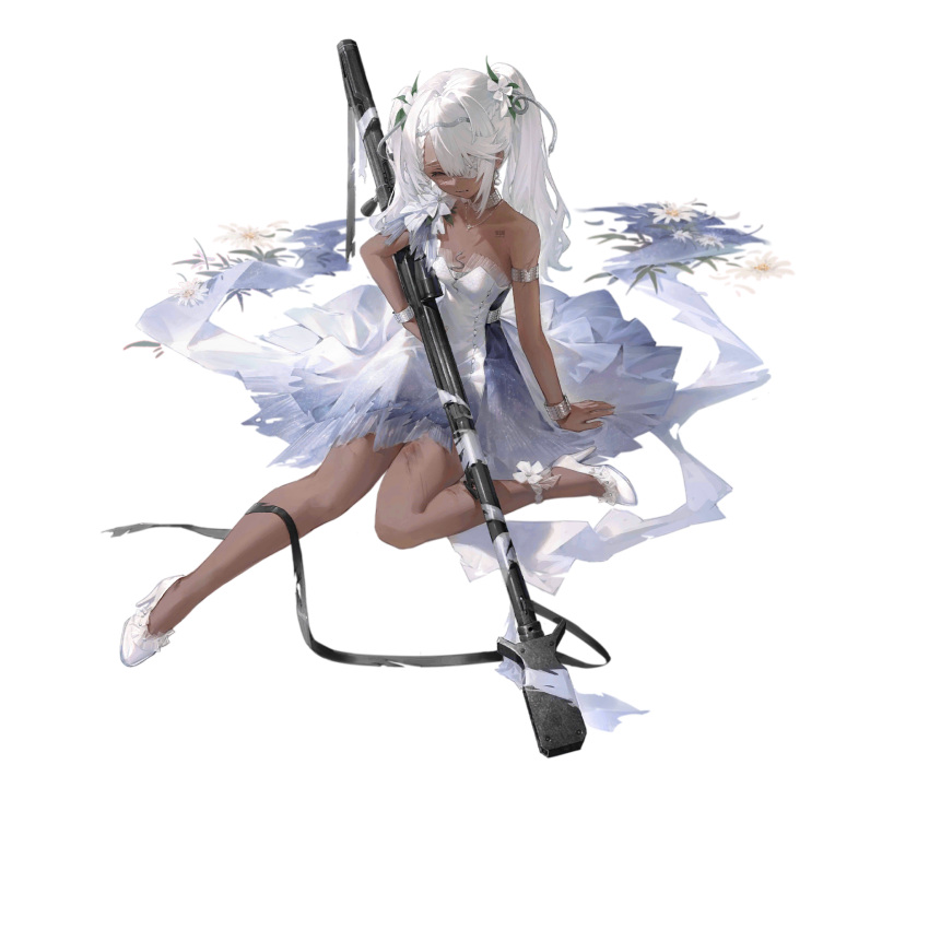 ankle_flower anti-materiel_rifle armlet bare_shoulders blue_stripes bolt_action bracelet breasts closed_eyes closed_mouth dark-skinned_female dark_skin dress eyepatch female fingernails flower flower_request frown full_body girls'_frontline grey_nails gun hair_between_eyes hair_flower hair_intakes hair_ornament high_heels highres holding holding_gun holding_weapon hs.50_(girls'_frontline) hs.50_(intoxicating_crystal)_(girls'_frontline) jewelry long_hair necklace official_alternate_costume official_art on_floor outstretched_leg rifle sawamaharu scope silver_armlet silver_bracelet silver_choker simple_background single_bare_leg single_vertical_stripe sitting small_breasts snake_hair_ornament sniper_rifle solo steyr_hs_.50 strapless strapless_dress striped_clothes striped_dress third-party_source torn_clothes torn_dress transparent_background twintails weapon white_dress white_flower white_footwear white_hair wilted_flower