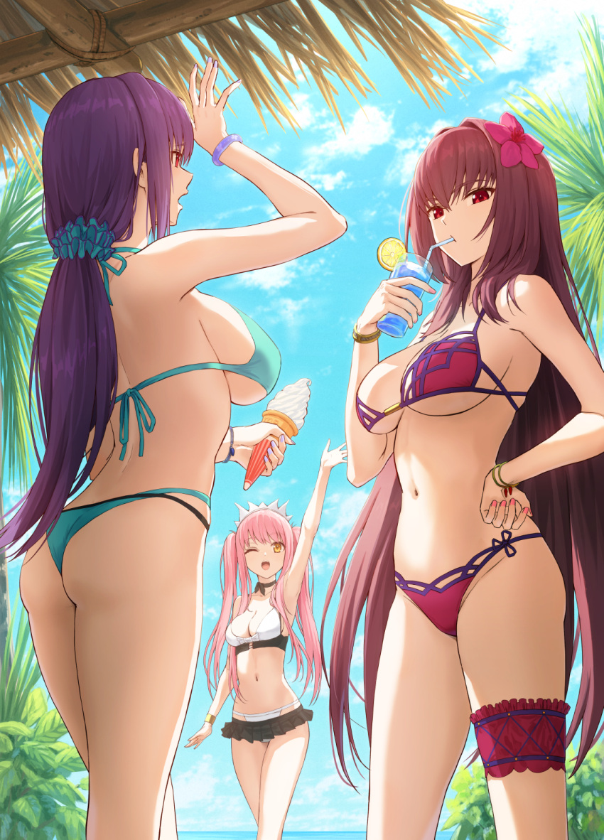 3girls arm_up ass bikini black_skirt blue_sky bracelet breasts brown_hair commentary cup day drinking_glass drinking_straw fate/grand_order fate_(series) food fruit hair_intakes hand_on_own_hip highres holding holding_cup holding_ice_cream_cone ice_cream ice_cream_cone jewelry kamo_ashi large_breasts lemon lemon_slice long_hair low-tied_long_hair medb_(fate) medb_(swimsuit_saber)_(fate) multiple_girls navel one_eye_closed open_mouth outdoors pink_hair purple_bikini purple_hair red_eyes scathach_(fate) scathach_(swimsuit_assassin)_(fate) scathach_skadi_(swimsuit_ruler)_(fate) skirt sky swimsuit thigh_strap twintails very_long_hair yellow_eyes