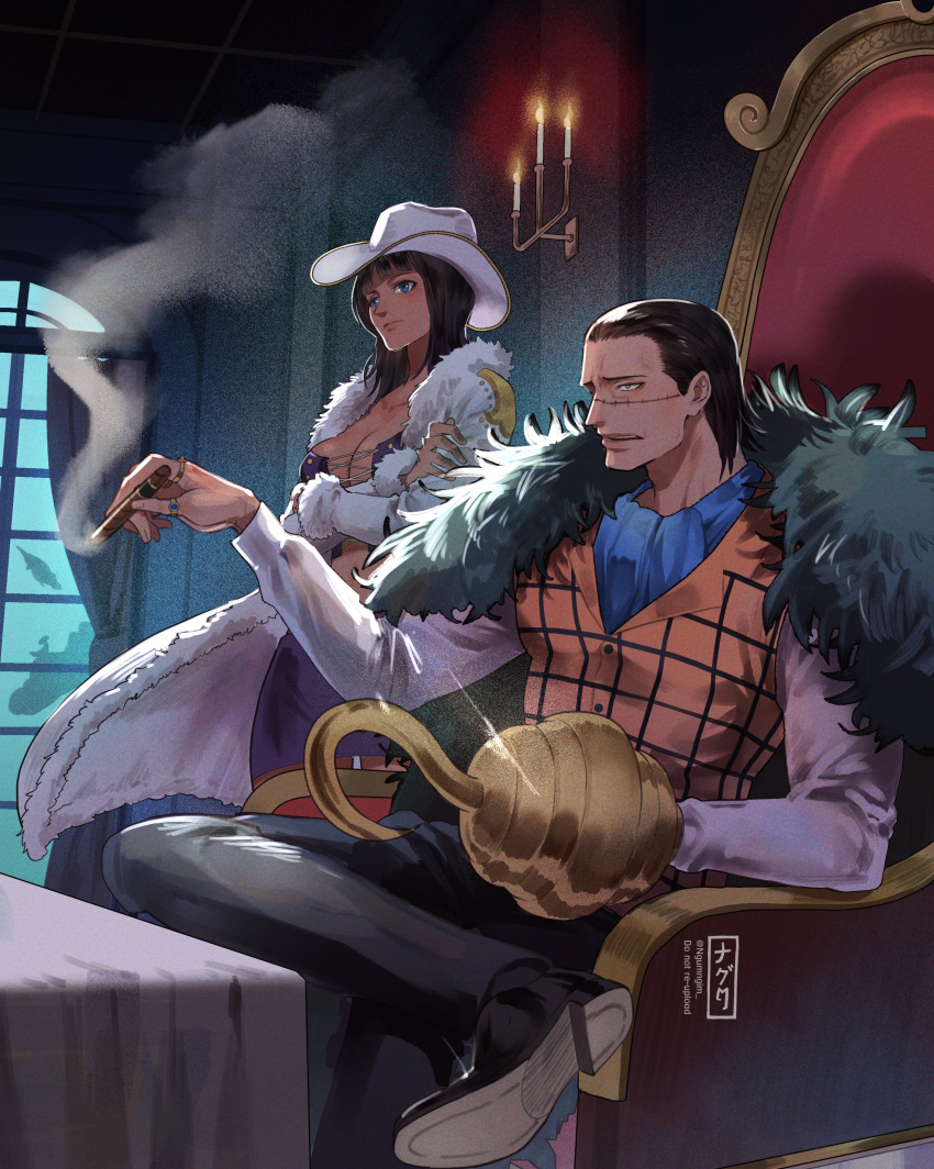 1boy absurdres black_hair blue_eyes breasts candlestand cigar cleavage coat crocodile_(one_piece) crossed_arms crossed_legs dress female fur_collar hair_slicked_back hat highres hook_hand indoors large_breasts medium_hair ngumngim nico_robin one_piece purple_dress scar scar_on_face shirt sitting standing throne vest white_coat white_hat white_shirt