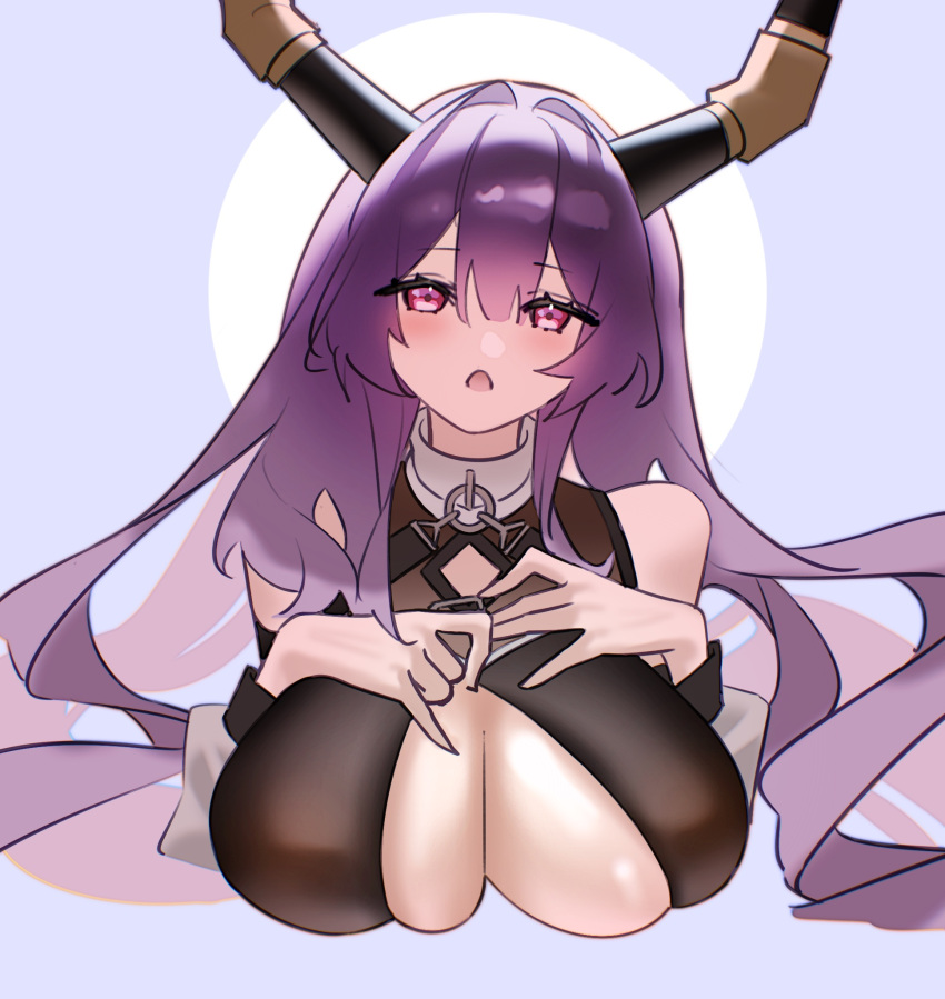 arknights bare_shoulders breasts commentary e-razor female highres horns large_breasts light_blush long_hair looking_at_viewer open_mouth purple_hair red_eyes simple_background typhon_(arknights) upper_body