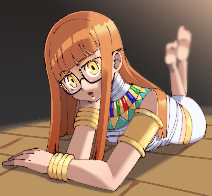 arm_support armlet barefoot blurry blurry_background bracelet depth_of_field egyptian_clothes female full_body gjh glasses highres jewelry long_hair looking_at_viewer lying on_stomach orange_hair persona persona_5 sakura_futaba shadow_futaba soles solo the_pose usekh_collar yellow_eyes