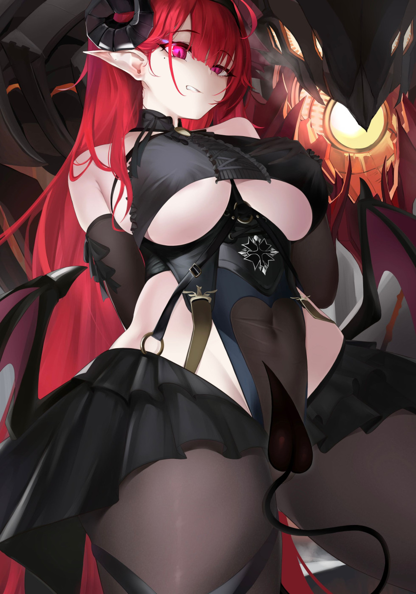 absurdres azur_lane bare_shoulders black_gloves black_horns black_skirt breasts brown_pantyhose center_frills clothing_cutout cowboy_shot cross cross-laced_clothes cross-laced_top curled_horns demon_girl demon_horns demon_tail demon_wings female frills from_below gloves highres hindenburg_(azur_lane) horns iron_cross lao_yuan_zhang large_breasts layered_skirt long_hair miniskirt mole mole_under_eye non-humanoid_robot o-ring pantyhose purple_eyes red_hair robot robot_animal skirt slit_pupils tail tail_censor thigh_strap underboob underboob_cutout very_long_hair wings