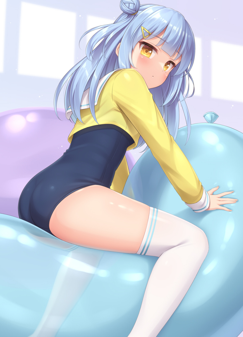 ass balloon blue_hair blue_one-piece_swimsuit blush breasts crop_top feet_out_of_frame female hair_bun hair_ornament hairclip highres indoors long_hair long_sleeves looking_at_viewer one-piece_swimsuit original sasaame school_uniform serafuku shirt small_breasts solo straddling swimsuit thighhighs white_thighhighs yellow_eyes yellow_shirt