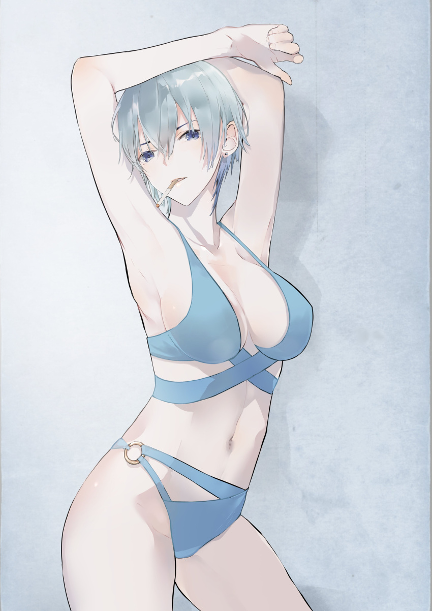 absurdres armpits arms_up bikini blue_bikini blue_eyes blue_hair breasts cigarette contrapposto cowboy_shot drop_shadow earrings fate/zero fate_(series) female grey_background hands_up head_tilt highres jewelry looking_at_viewer mouth_hold natalia_kaminski navel neko_(ganecooo) second-party_source short_hair smoking solo swimsuit