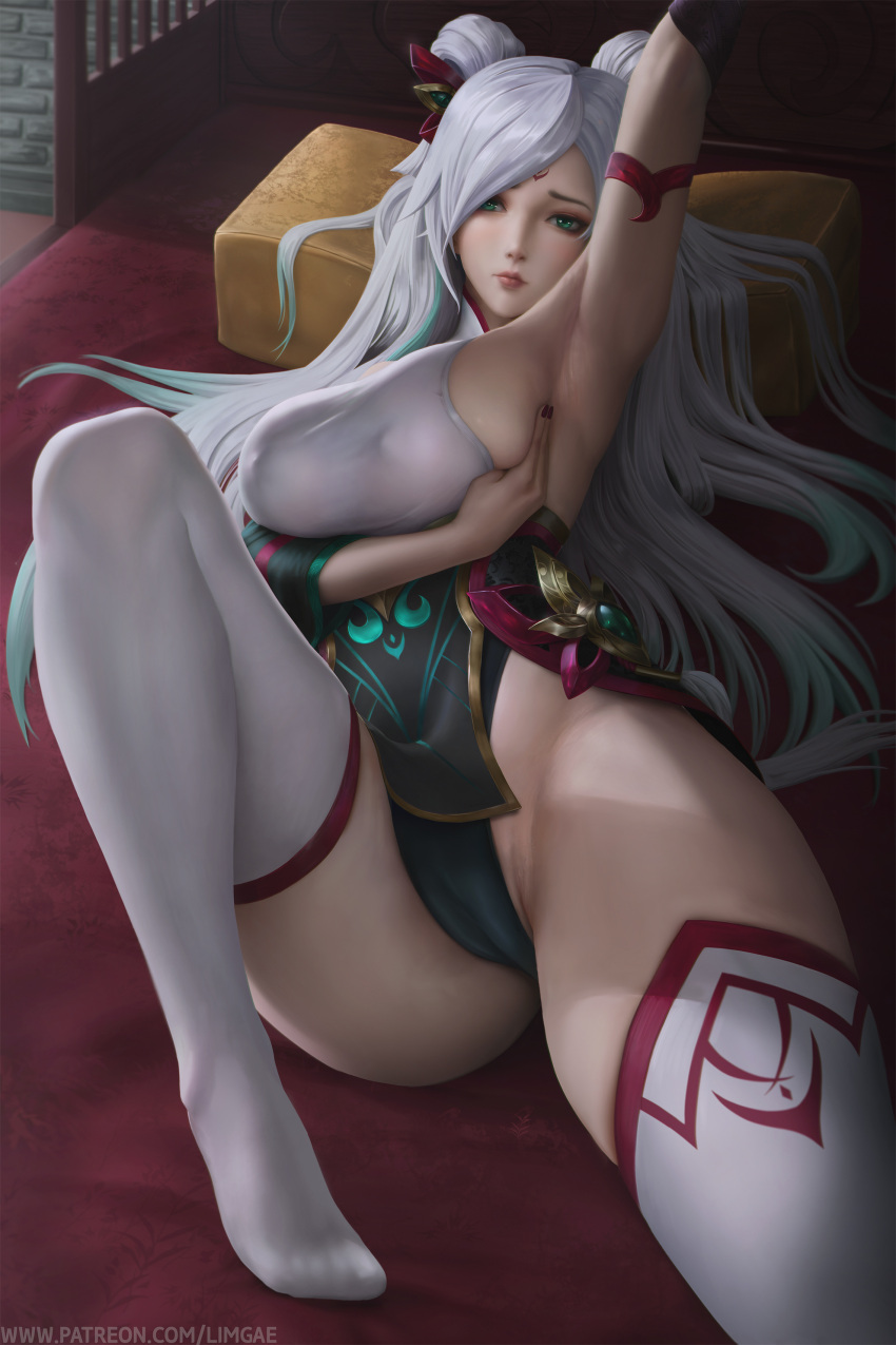 absurdres arm_up armpits artist_name bare_shoulders blue_hair breasts detached_sleeves double_bun facial_mark female forehead_mark green_eyes hair_bun hair_ornament highleg highleg_leotard highres irelia large_breasts league_of_legends leotard limgae lips long_hair looking_at_viewer lying multicolored_hair mythmaker_irelia official_alternate_costume on_back patreon_username presenting_armpit sideboob solo thighhighs two-tone_hair web_address white_hair white_thighhighs