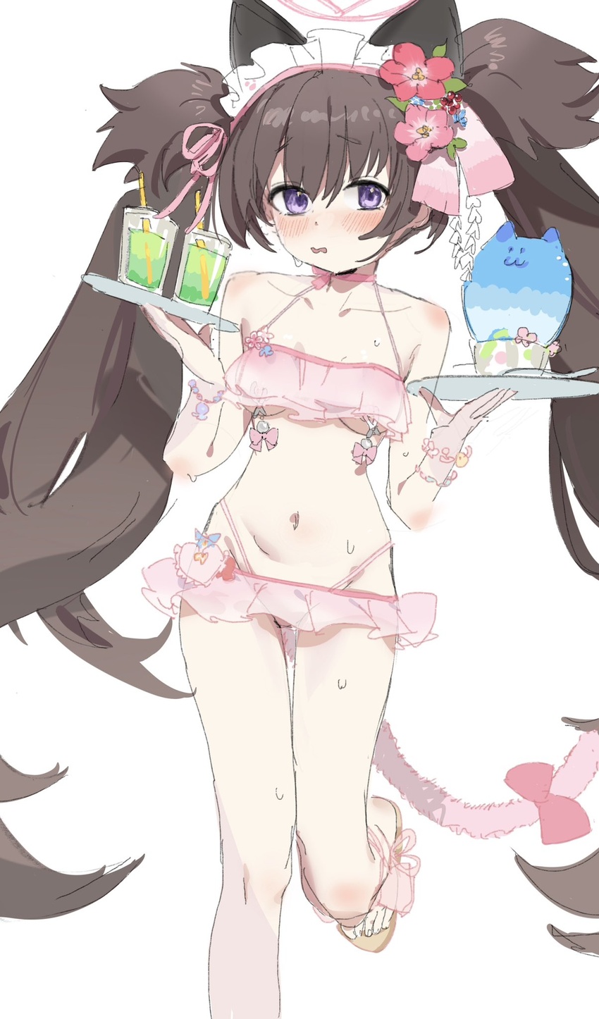 animal_ears bikini blue_archive breasts brown_hair female food frilled_bikini frills hair_ornament halo highres kanzashi long_hair maid_headdress navel nemo_(leafnight) nipple_clamps official_alternate_costume purple_eyes shaved_ice shizuko_(blue_archive) shizuko_(swimsuit)_(blue_archive) simple_background small_breasts swimsuit tropical_drink twintails very_long_hair white_background