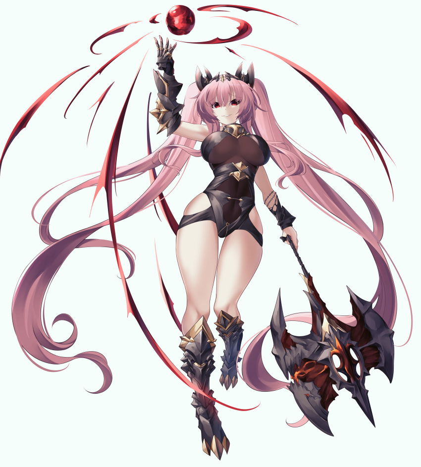 absurdres arm_up armored_boots axe azur_lane bodystocking boots breasts commentary commission female from_below full_body gauntlets hair_between_eyes highres holding holding_axe holding_weapon la_galissonniere_(azur_lane) la_galissonniere_(meta)_(azur_lane) large_breasts long_hair parted_lips pink_hair pixiv_commission red_eyes simple_background single_gauntlet smile solo twintails very_long_hair weapon white_background yan_lie