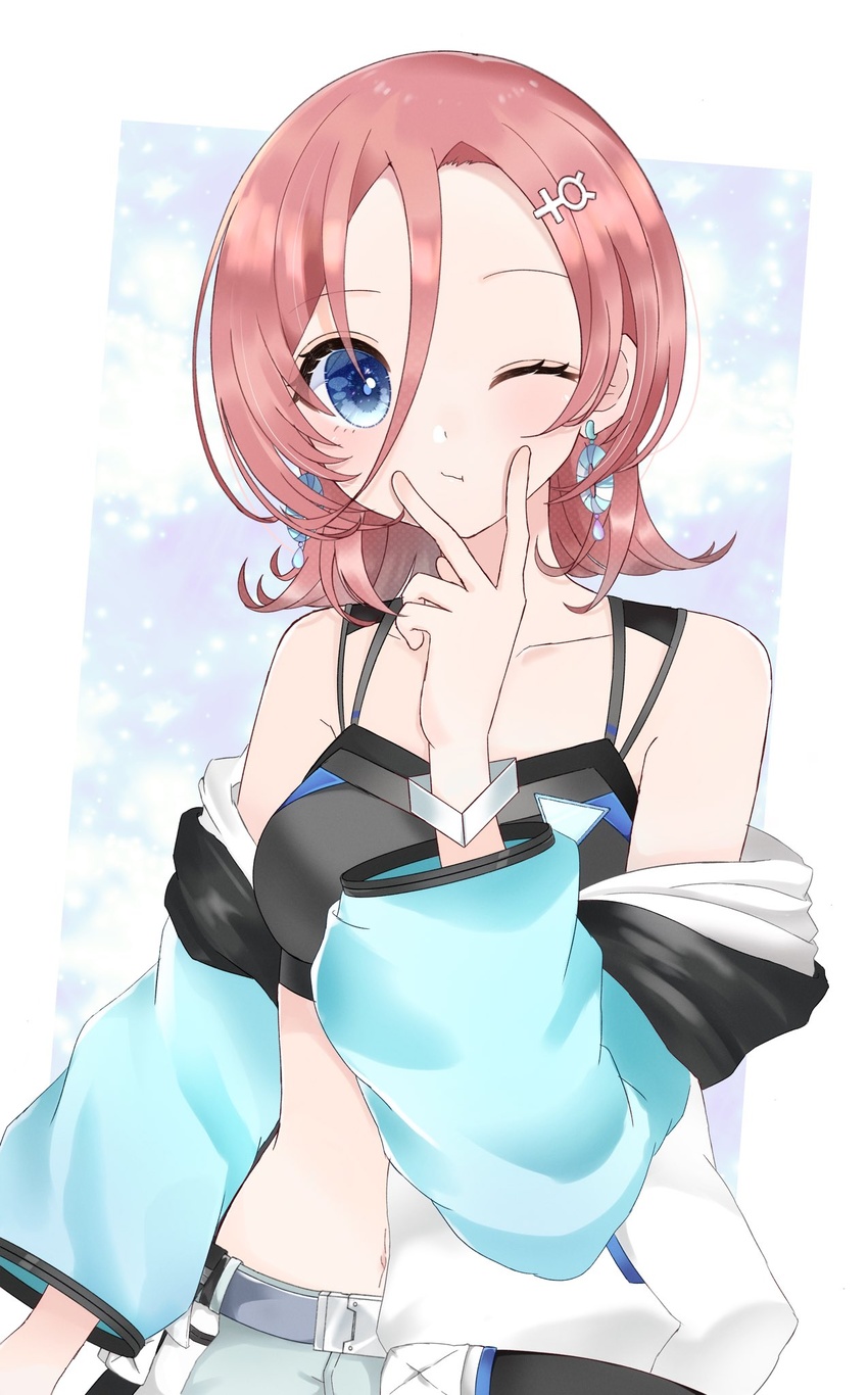 blue_background blue_eyes blush crop_top earrings female hair_ornament hairclip highres jacket jewelry looking_at_viewer midriff mizuha_yui multicolored_background one_eye_closed pale_skin pink_hair pure_project search3358596 short_hair shorts solo tank_top virtual_youtuber white_background