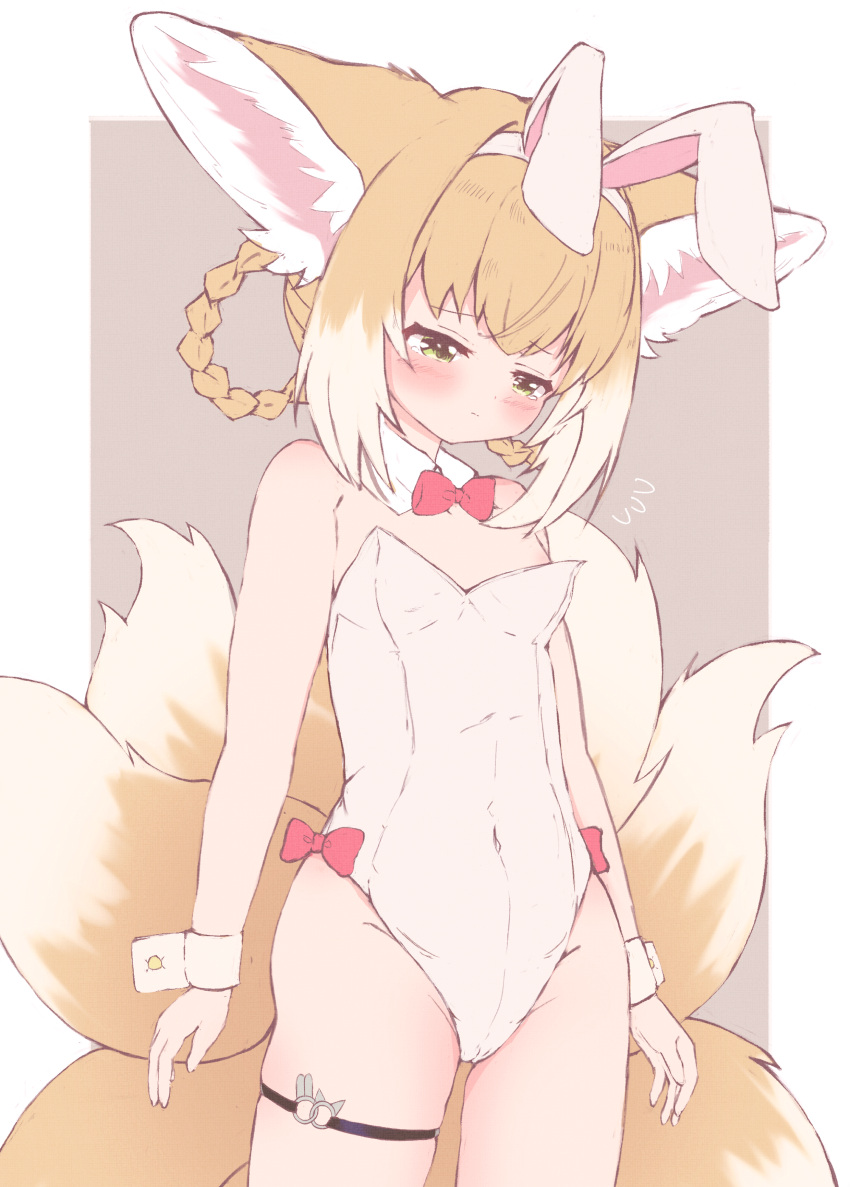 absurdres alternate_costume animal_ear_fluff animal_ears arknights bad_id bad_pixiv_id bare_shoulders blonde_hair blush bow bowtie braid braided_hair_rings breasts chrocatz covered_navel detached_collar embarrassed fake_animal_ears female flying_sweatdrops fox_ears fox_girl fox_tail groin hair_rings highres leotard long_hair multiple_tails oversized_breast_cup playboy_bunny rabbit_ears red_bow red_bowtie small_breasts solo strapless strapless_leotard suzuran_(arknights) tail tears thigh_strap thighs twin_braids twintails white_leotard wrist_cuffs