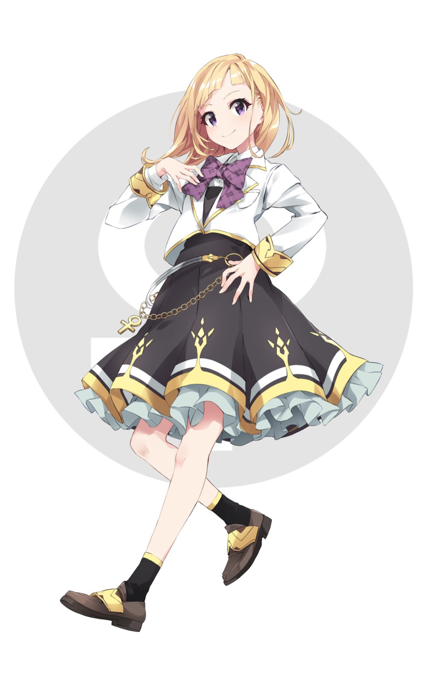 black_legwear blonde_hair bow bowtie brown_footwear dress female full_body grey_background hand_on_own_chest hand_on_own_hip highres jacket koumyouin_reira long_hair looking_at_viewer multicolored_background official_art okutomi_fumi pale_skin pure_project purple_bow purple_eyes sandals shoes virtual_youtuber white_background white_jacket