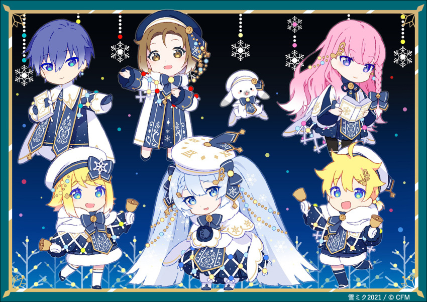 1other 2021 2boys 4girls bass_clef bell beret blonde_hair blue_bow blue_dress blue_eyes blue_gloves blue_hair blue_headwear blunt_bangs book bow braid brown_eyes brown_hair capelet character_name chibi clock_print commentary copyright_name copyright_notice crypton_future_media dress framed_image full_body fur-trimmed_capelet fur_trim gloves gold_trim hair_ornament hairbow hairclip hakusai_(tiahszld) hand_on_own_chest hat hat_bow hatsune_miku holding holding_bell holding_book kagamine_len kagamine_rin kaito_(vocaloid) light_blue_hair light_bulb_hair_ornament lineup looking_at_viewer megurine_luka meiko_(vocaloid) multiple_boys multiple_girls musical_note musical_note_hair_ornament night official_alternate_costume official_art open_book outstretched_arm own_hands_together piapro pink_hair purple_eyes rabbit_yukine roman_numeral short_hair smile snowflake_print snowflakes standing standing_on_one_leg string_of_light_bulbs treble_clef tree twintails vocaloid white_capelet white_dress white_headwear yuki_kaito yuki_len yuki_luka yuki_meiko yuki_miku yuki_miku_(2021) yuki_rin