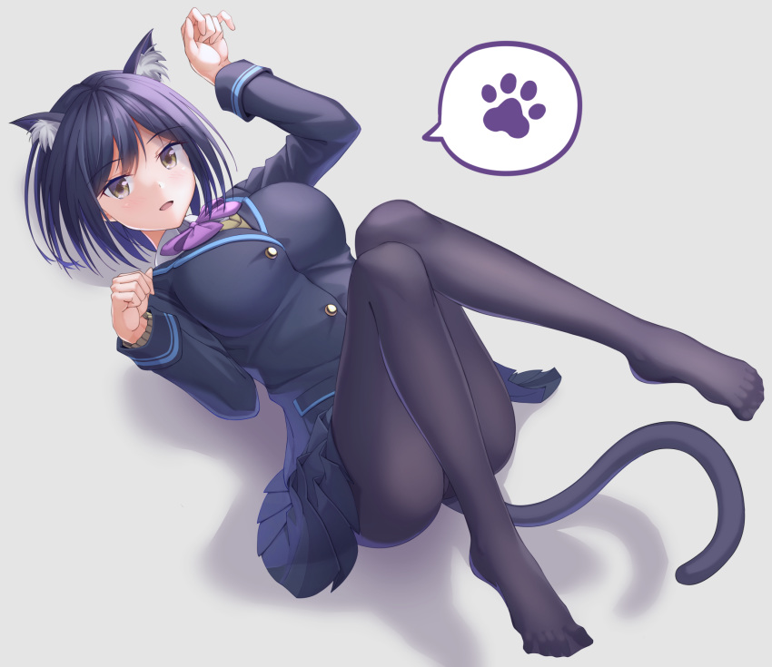 animal_ears bad_id bad_pixiv_id black_jacket black_pantyhose blazer blue_hair bow bowtie breasts cat_ears feet female highres jacket kawakami_hotori large_breasts mole mole_under_eye nijisanji no_shoes pantyhose purple_bow purple_bowtie school_uniform shizuka_rin shizuka_rin_(1st_costume) short_hair solo spoken_paw striped_bow striped_bowtie striped_clothes virtual_youtuber white_bow yellow_eyes