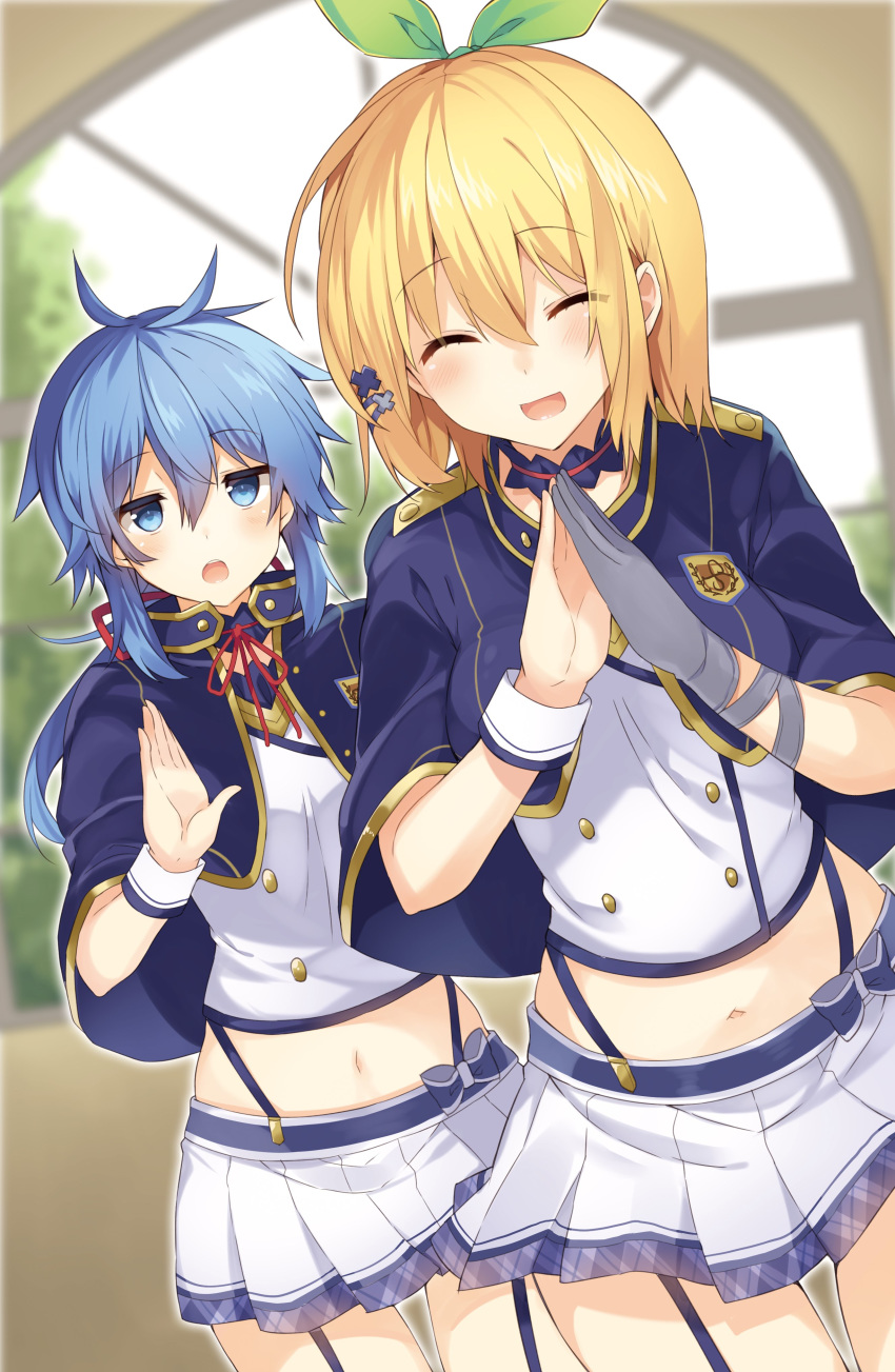 2girls absurdres alzano_school_uniform blonde_hair blue_capelet blue_eyes blue_hair blurry blurry_background blush breasts buttons capelet choker closed_eyes commentary_request cowboy_shot crop_top double-breasted dutch_angle garter_straps gloves green_ribbons grey_gloves hair_between_eyes hair_ornament hair_ribbon hand_up hands_up highres indoors jitome leaning_forward long_hair looking_at_viewer medium_breasts medium_hair midriff miniskirt mishima_kurone multiple_girls navel neck_ribbon novel_illustration official_art open_mouth own_hands_together pleated_skirt red_ribbon ribbon rokudenashi_majutsu_koushi_to_akashic_record rumia_tingel ryiel_rayford school_uniform single_glove skirt small_breasts smile stomach suspender_skirt suspenders teeth thigh_gap upper_teeth_only white_skirt window x_hair_ornament