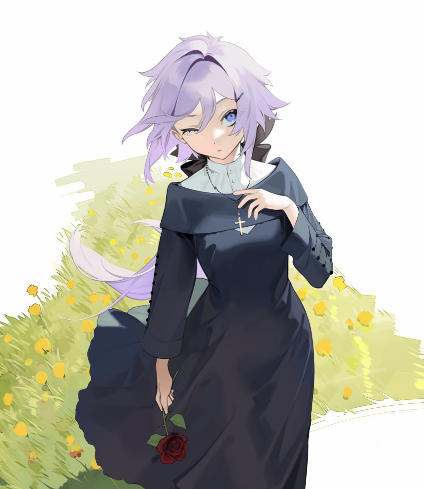 bad_id bad_twitter_id black_bow black_dress bow breasts check_copyright copyright_request cross cross_necklace dress female flower grass hair_between_eyes hair_ornament hairbow hairclip hand_up highres holding holding_flower jewelry long_hair long_sleeves looking_at_viewer medium_breasts necklace nun ohisashiburi one_eye_closed original purple_hair purple_hair_girl_(ohisashiburi) red_flower red_rose rose solo traditional_nun white_background yellow_flower