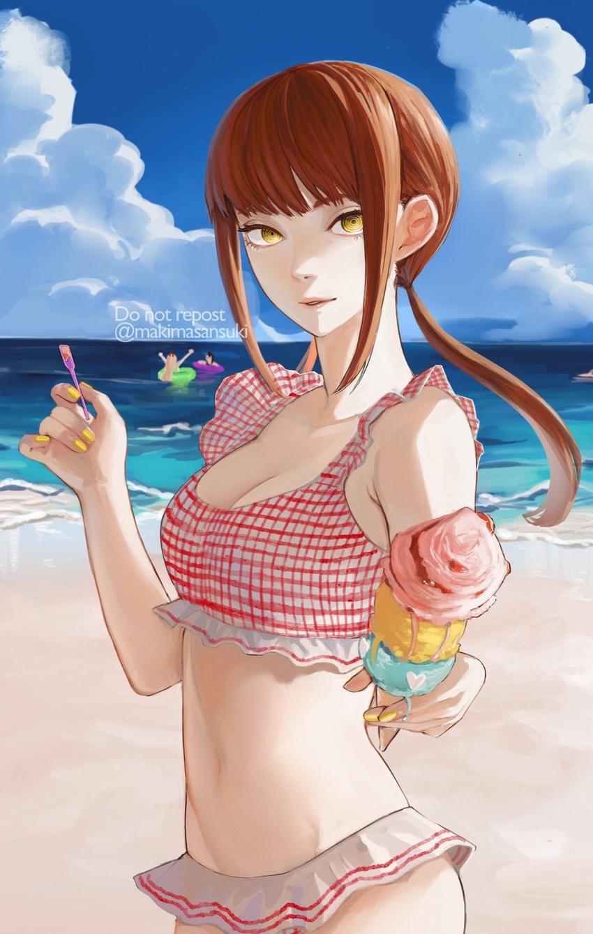 3girls beach bikini bikini_skirt black_hair blue_sky bra breasts chainsaw_man cloud day food frilled_bikini frilled_bra frilled_skirt frills higashiyama_kobeni highres holding holding_food holding_ice_cream holding_spoon ice_cream ice_cream_cone innertube kamo_(kamonegioisi) long_hair looking_at_viewer makima_(chainsaw_man) midriff multiple_girls outdoors plaid plaid_bra ponytail power_(chainsaw_man) red_hair ringed_eyes short_hair skirt sky solo_focus spoon swim_ring swimsuit twitter_username underwear yellow_eyes