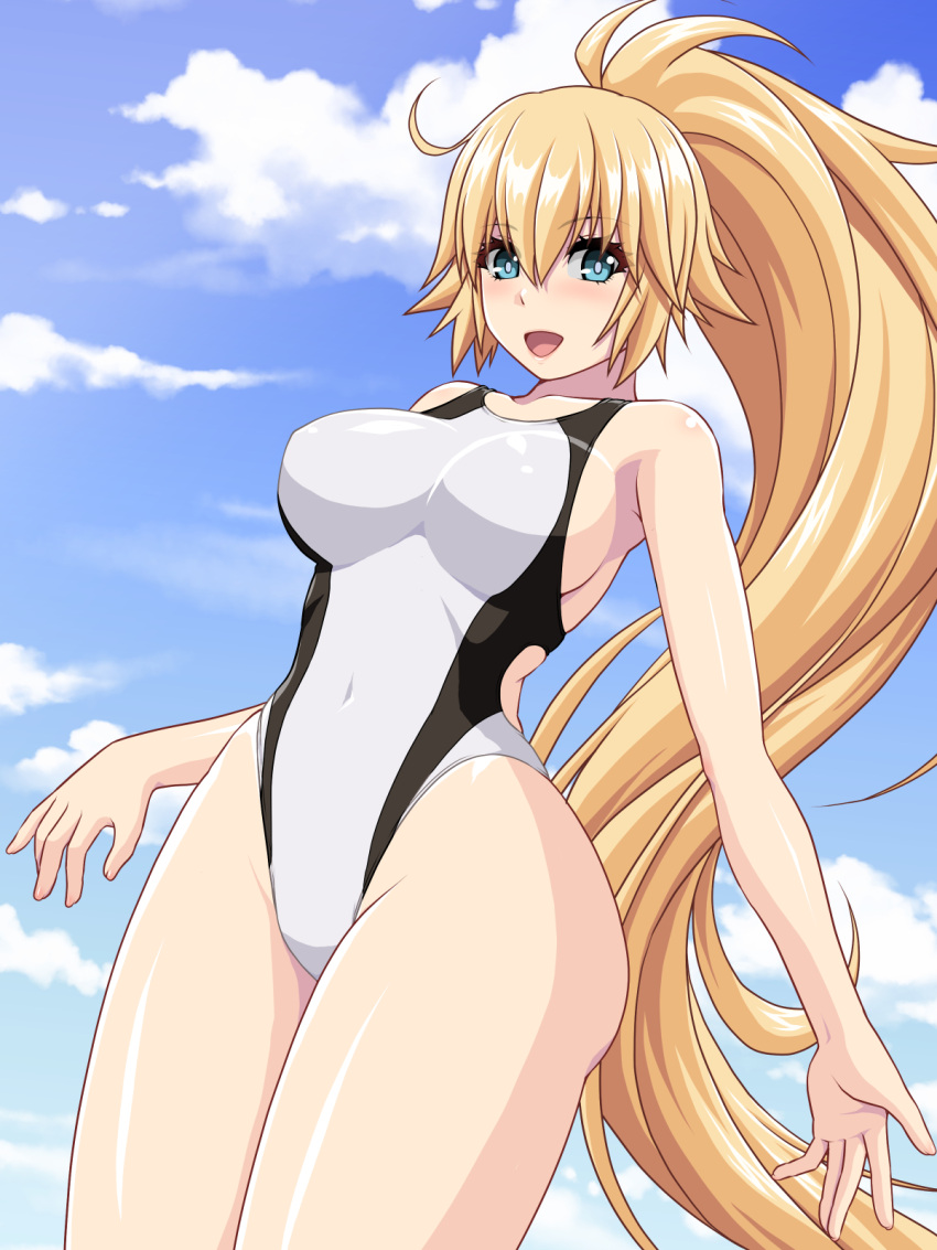 abu blonde_hair blue_eyes blue_sky breasts cloud commentary_request competition_swimsuit cowboy_shot day fate/grand_order fate_(series) female highleg highleg_swimsuit highres jeanne_d'arc_(fate) jeanne_d'arc_(swimsuit_archer)_(fate) jeanne_d'arc_(swimsuit_archer)_(second_ascension)_(fate) large_breasts long_hair looking_at_viewer one-piece_swimsuit ponytail sky solo standing swimsuit white_one-piece_swimsuit