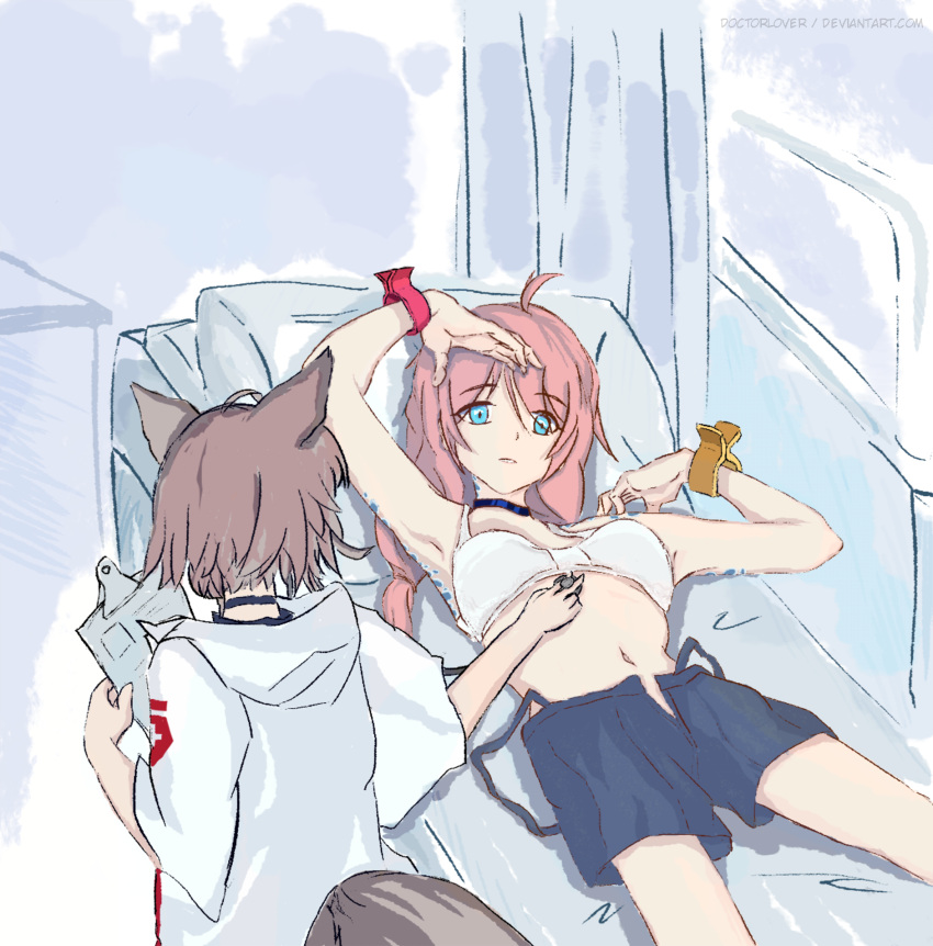 arknights armpits arms_up blue_eyes blue_poison_(arknights) doctor doctorlover93 examination_table highres infirmary lying medic medical_examination midriff navel open_clothes overall_shorts overalls pink_hair self-upload simple_background sleeveless stethoscope sussurro_(arknights) underwear